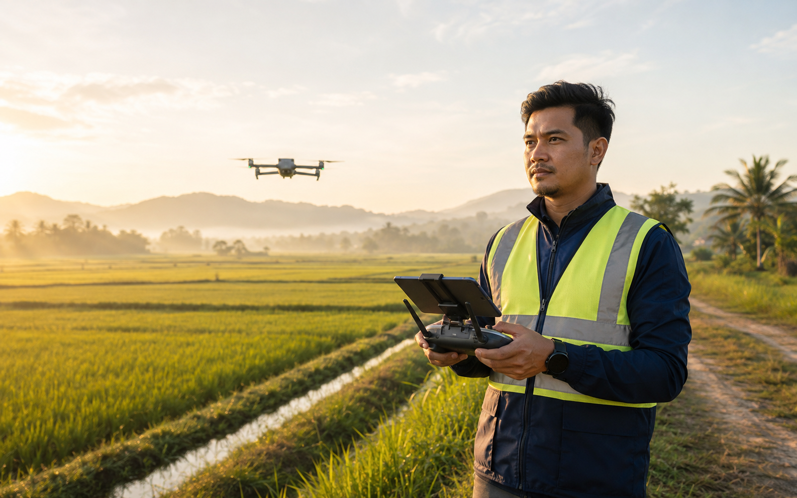 Operator drone profesional MNH Drone Services menjalankan operasi di kawasan pertanian